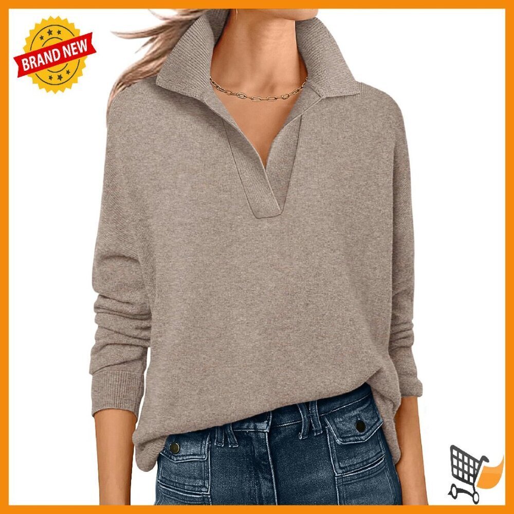 Long Sleeve V-Neck Polo Sweater Pullover Top Lightweight Knit Business Casual
